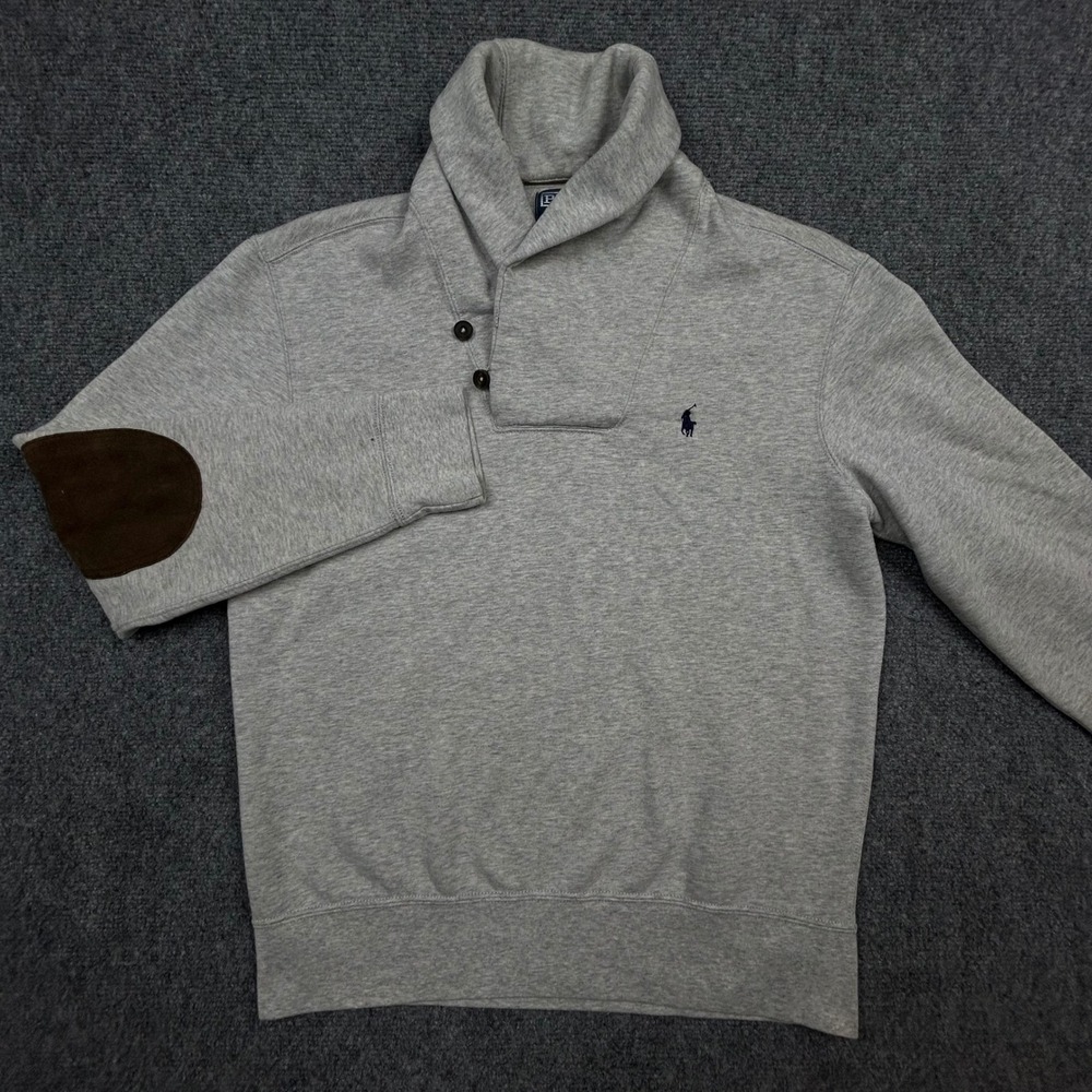 Polo Ralph Lauren Shawl Collar Sweatshirt Mens M Grey Elbow Patches Pullover